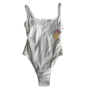 NWT Stoney Clover Cheeky High-Leg One Piece White Ribbed w/Pink Heart - Size 24W